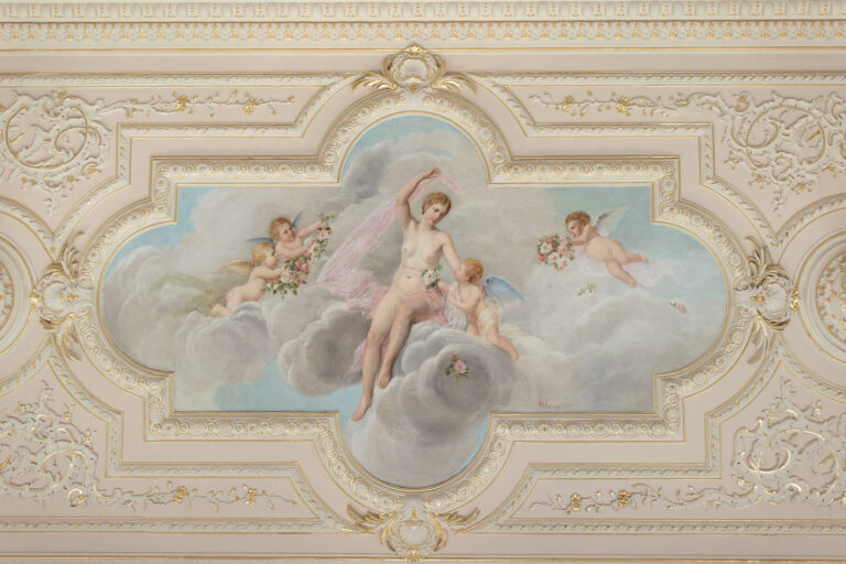 Ornate painted ceiling at Pousada Palacio de Estoi in Portugal